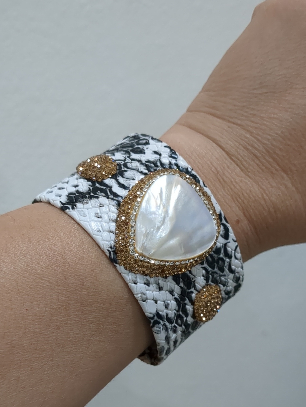 Mother Of Pearl Faux Leather Cuff With Swarovski Crystals